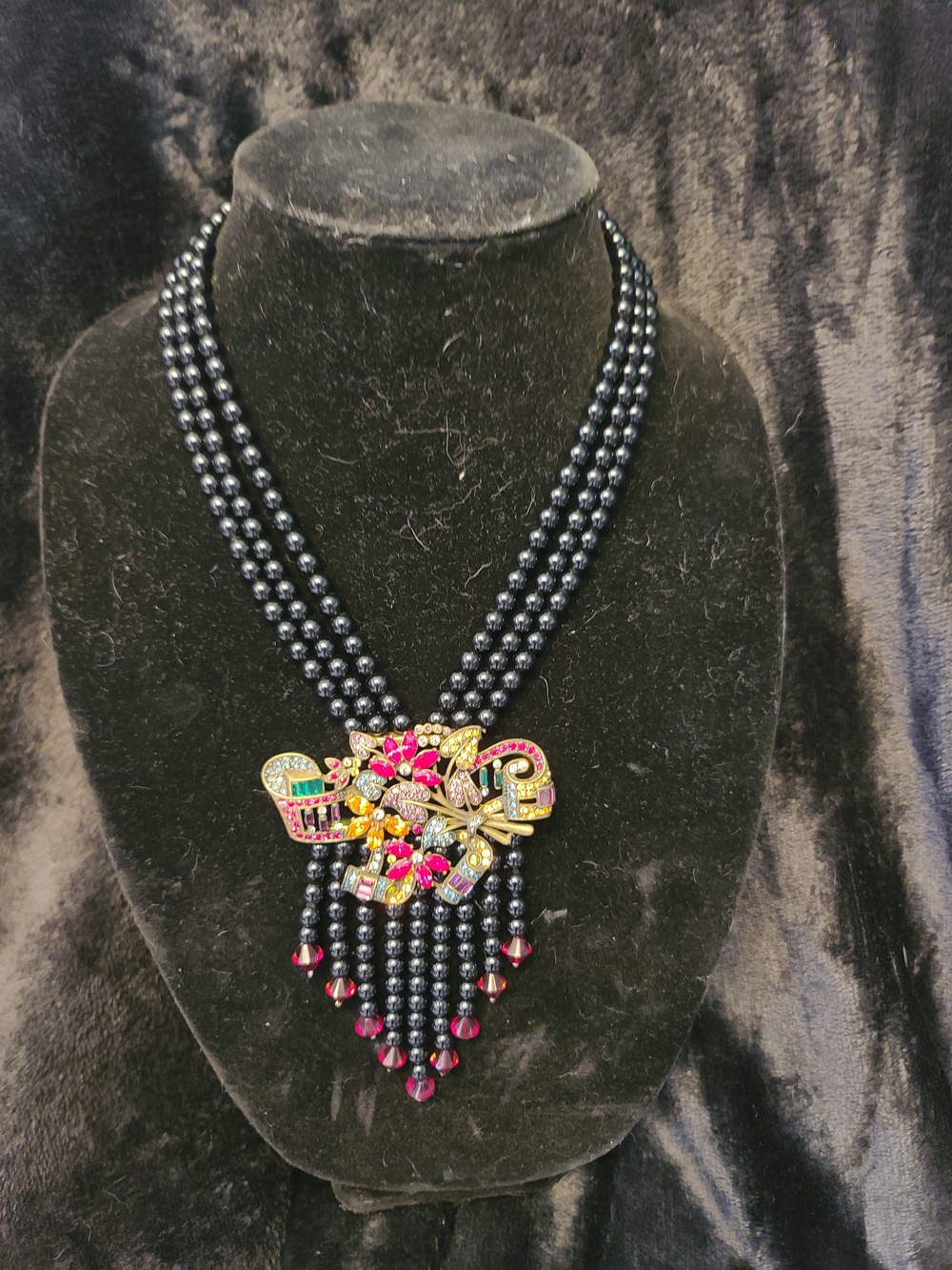 Heidi Daus Black Beaded Statement Necklace with Pink Crystal Floral Pendant